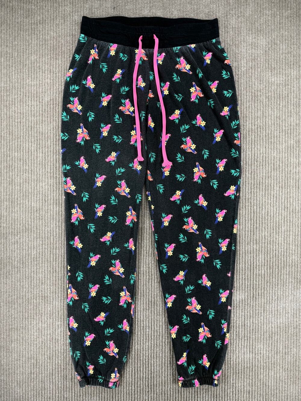 Joe Boxer Tropical Parrot Pajama Pants Womens Small Drawstring Joggers Black